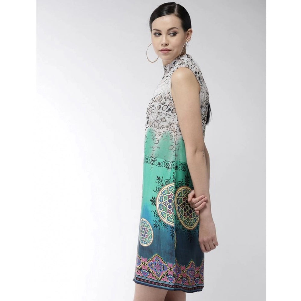 Generic Women's Polyester Printed Sleeveless Above Knee Dress (Multicolor)