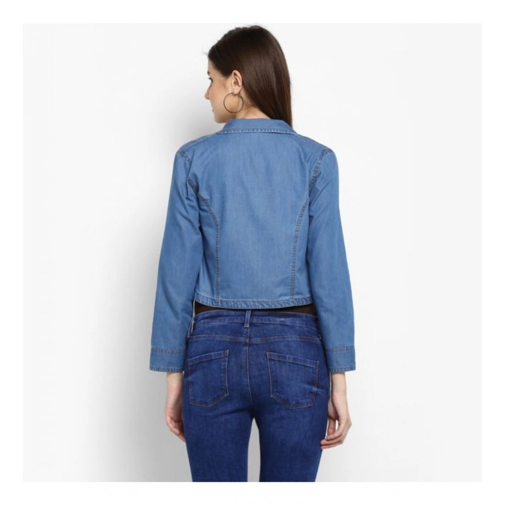 Generic Women's Denim Smocking 3-4th Sleeves Shrug (Blue)