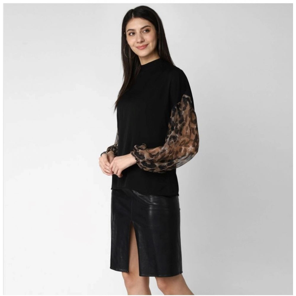 Generic Women's Polyester Animal Print Long Sleeves Top (Black)