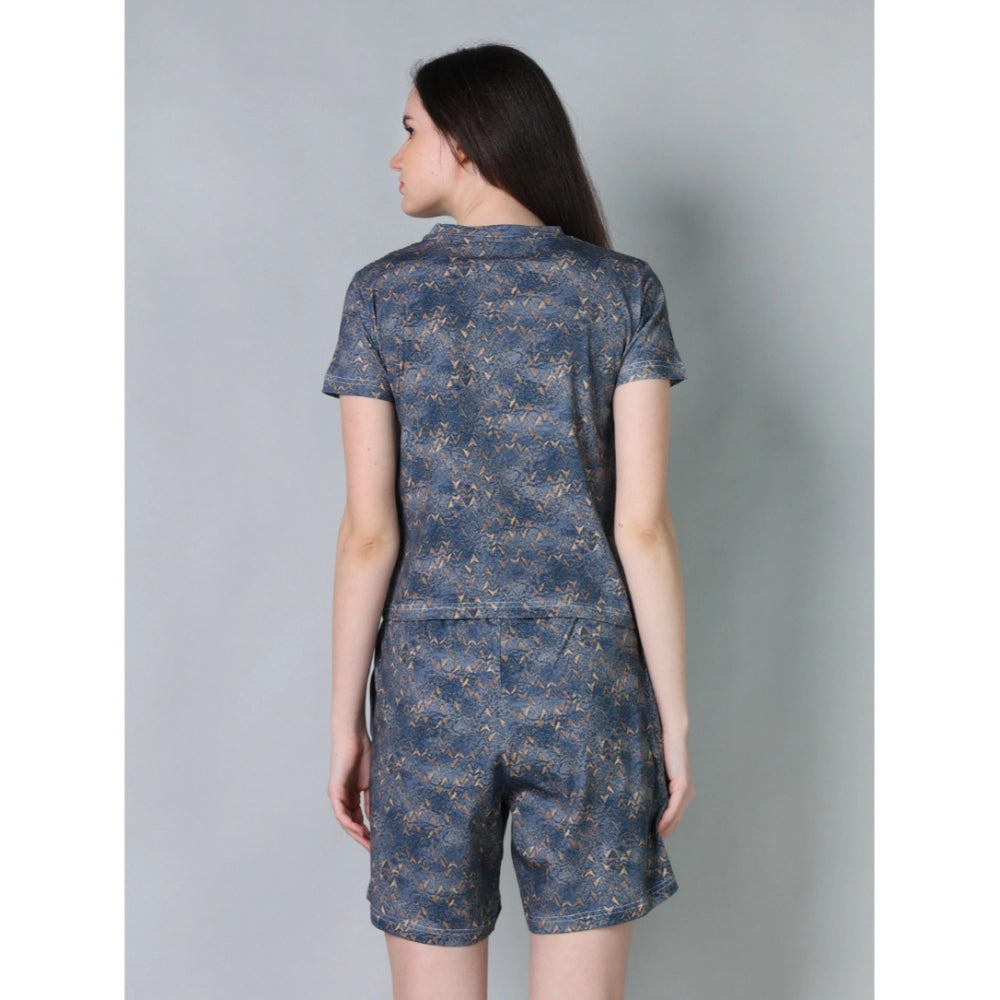 Generic Women's Cotton Blended Printed Round Neck Half Sleeve Top - Shorts Set (Blue)