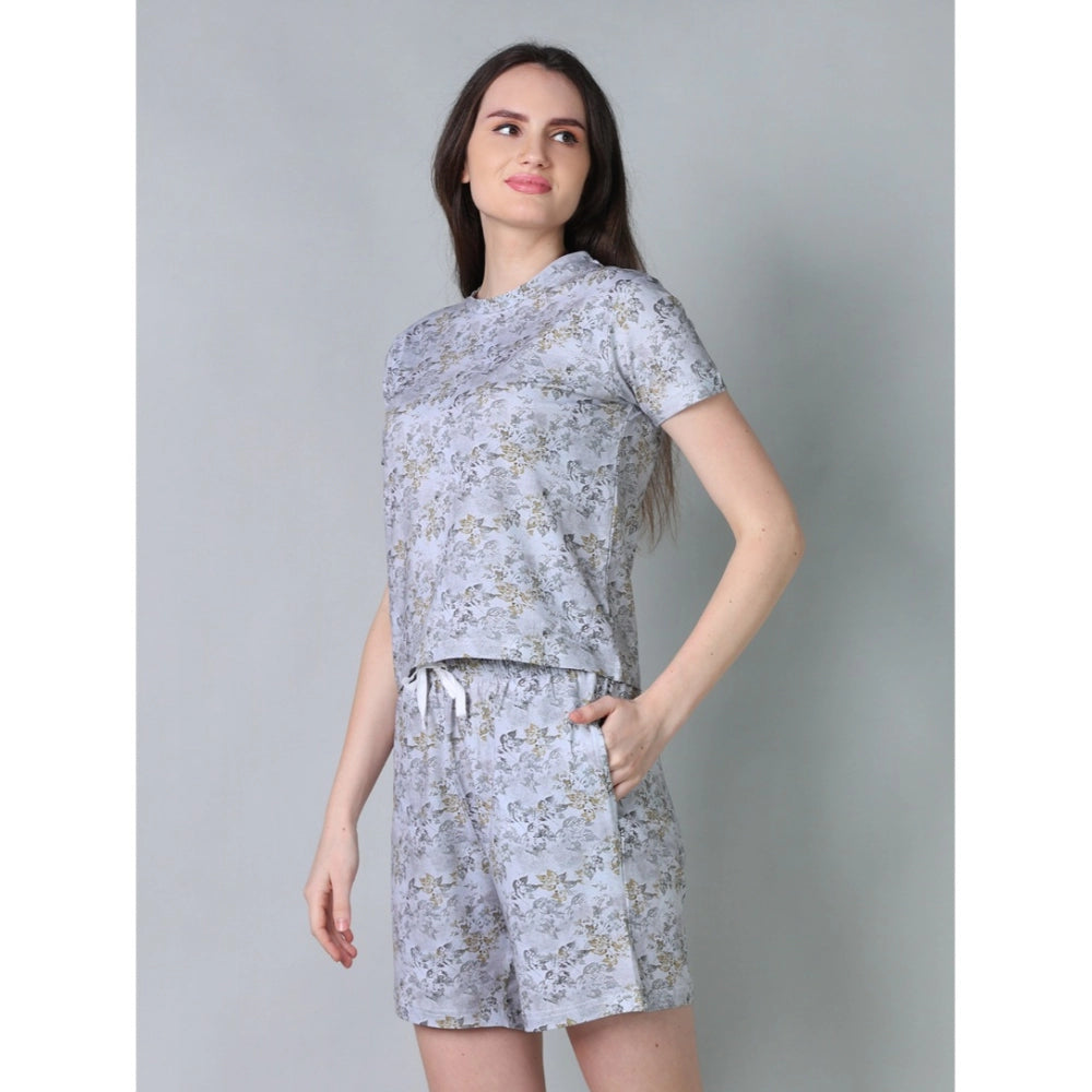 Generic Women's Cotton Blended Printed Round Neck Half Sleeve Top - Shorts Set (Grey)