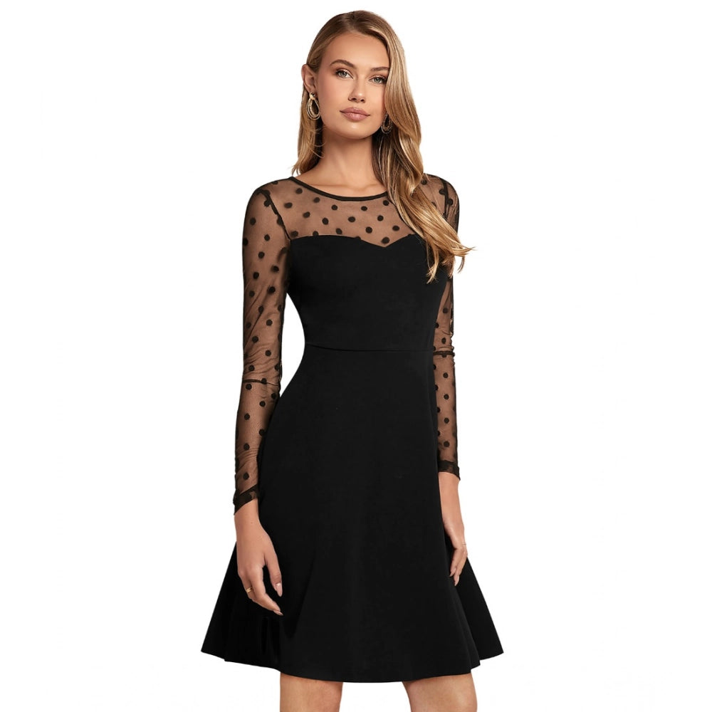 Generic Women's Knitting stretchable Solid Round Neck Full Sleeve Dress (Black)