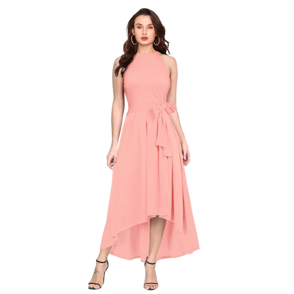 Generic Women's Polyster Solid Halter Neck Sleeveless Dress (Peach)