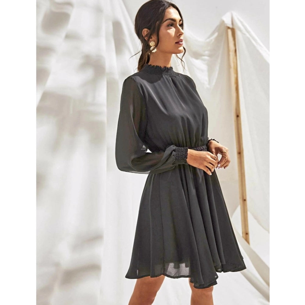 Generic Women's Fox Georgette Solid High Neck Full Sleeve Dress (Grey)