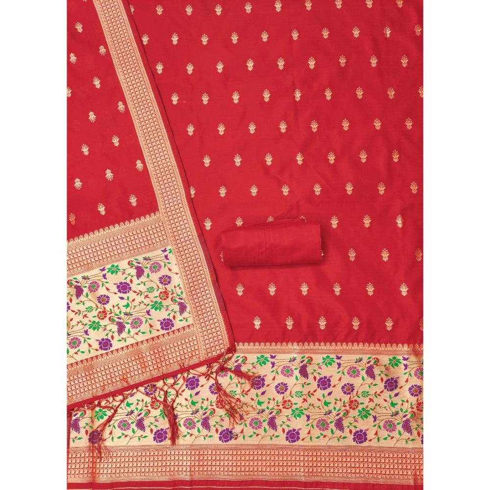 Generic Women's Banarasi Silk Printed Unstitched Salwar Suit Material With Dupatta (Red, 3Mtrs)