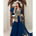 Generic Women's Georgette Embroidery 3-4th Sleeve V-Neck Kurti, Palazzo And Dupatta Set (Morpich)