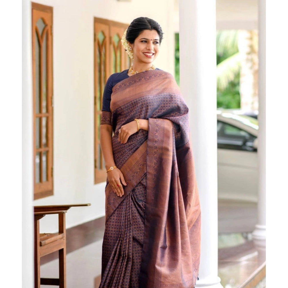 Generic Women's Litchi silk Printed Saree With Unstitched Blouse (Navy Blue)