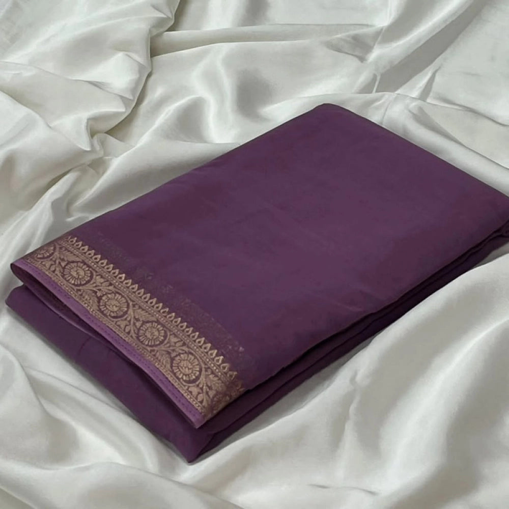 Generic Women's Crepe Chit Pallu Solid Saree With Unstitched Blouse 5.5Mtr (Violet)