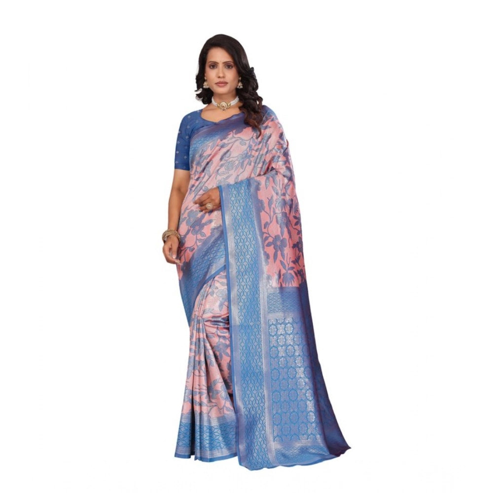 Generic Women's Banarasi Silk Jaquard Woven Saree With Unstitched Blouse 5.5Mtr (Pink)