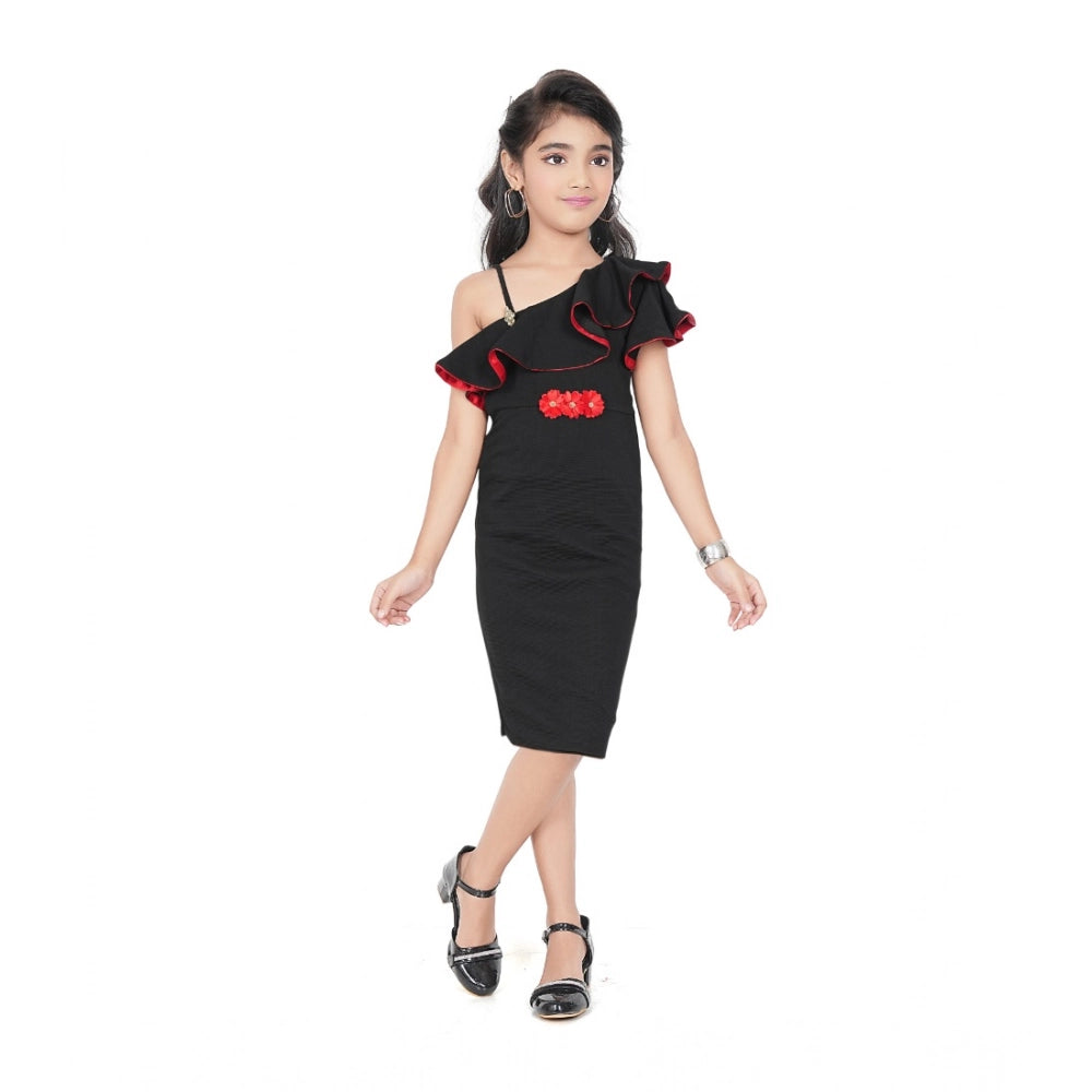 Generic Girl's Knitted Soild Sleeve Less Off Shoulder Dress (Black)