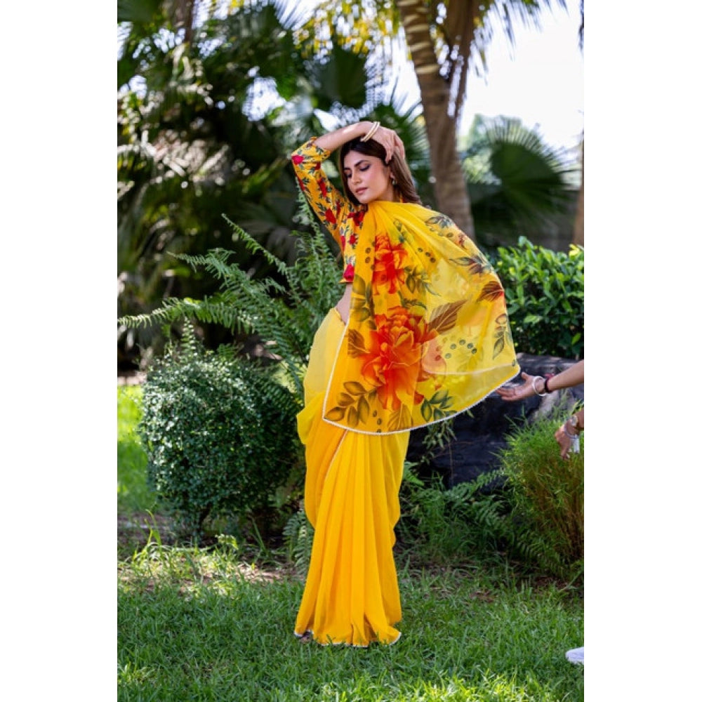 Generic Women's Georgette  Printed Saree With Unstitched Blouse 5.5Mtr (Yellow)