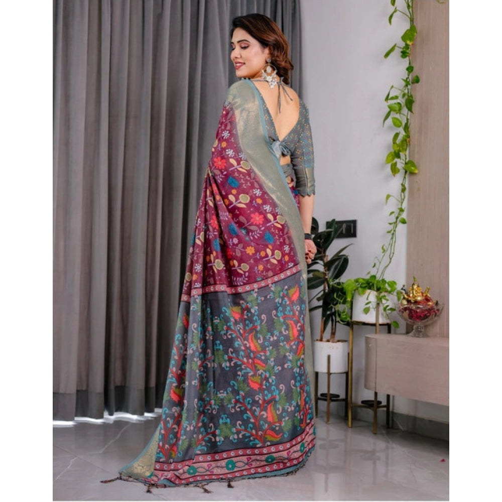 Generic Women's Linen  Printed Saree With Unstitched Blouse 5.5Mtr (Purple)