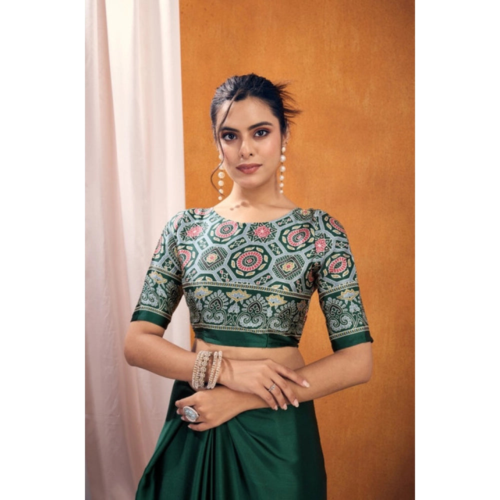 Generic Women's Satin Crepe Printed Saree With Unstitched Blouse 5.5Mtr (Bottle Green)