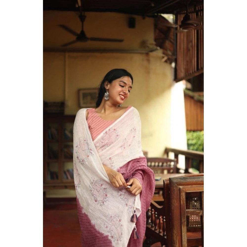 Generic Women's Linen Printed Saree With Unstitched Blouse 5.5Mtr (White)