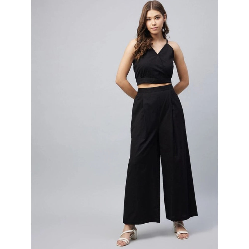 Generic Women's Cotton Linen Solid Sleeveless Crop Top and Palazzo Set (Black)