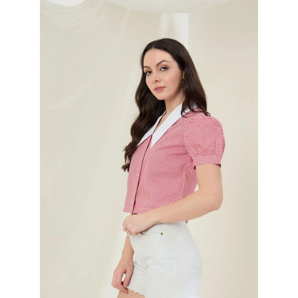 Generic Women's Cotton Checkered Half Sleeve Shirt (Red - White)